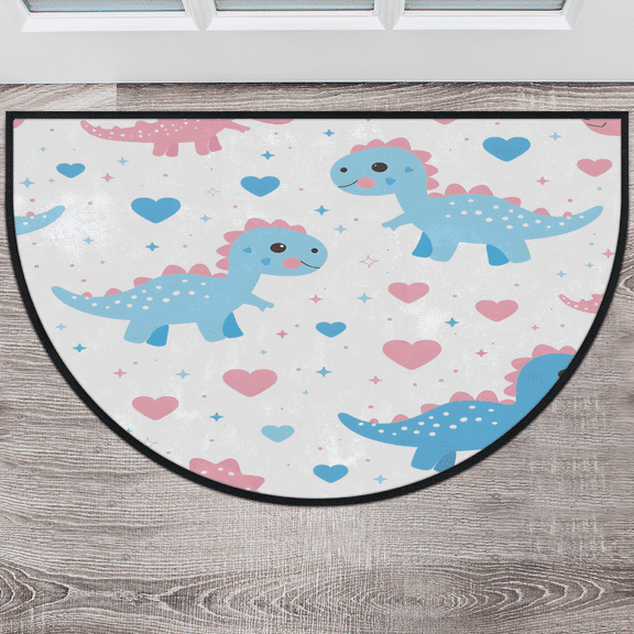 CURLYOOT Cute Blue Pinks Dinosaur Half Round Door Mat 40'' x 63'', Indoor Outdoor Entrance Rug, Semi Circular Area Rug, Non Slip Washable Absorbent Doormat, Laundry Room Rug
