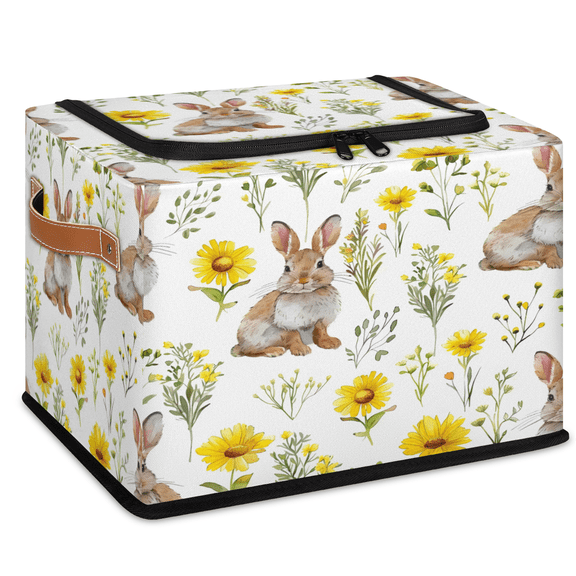CURLYOOT Cute Bunny Rabbit Storage Bin With Zipper Lid, Foldable Clothes Organizer Lidded Storage Baskets, Rectangular Box Closet Shelf Organizer