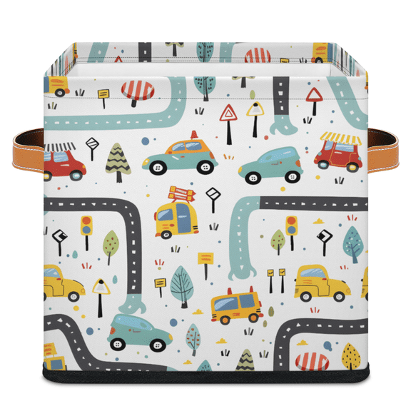 CURLYOOT Cute Cars 11 x 11 Inch Cube Storage Bin, Fabric Storage Cube Foldable Basket with Leather Handles, Organizer Basket for Closet Shelves