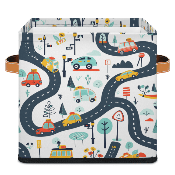 CURLYOOT Cute Cars Cartoon 11 x 11 Inch Cube Storage Bin, Fabric Storage Cube Foldable Basket with Leather Handles, Organizer Basket for Closet Shelves