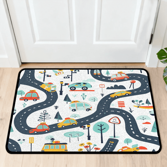 CURLYOOT Cute Cars Cartoon Indoor Doormat, Non-Slip Absorbent Door Mat 24" x 16", Entrance Floor Mat Washable Entry Doormats for Entryway Front Back Door
