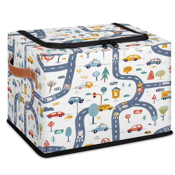 CURLYOOT Cute Cartoon Cars Storage Bin With Zipper Lid, Foldable Clothes Organizer Lidded Storage Baskets, Rectangular Box Closet Shelf Organizer