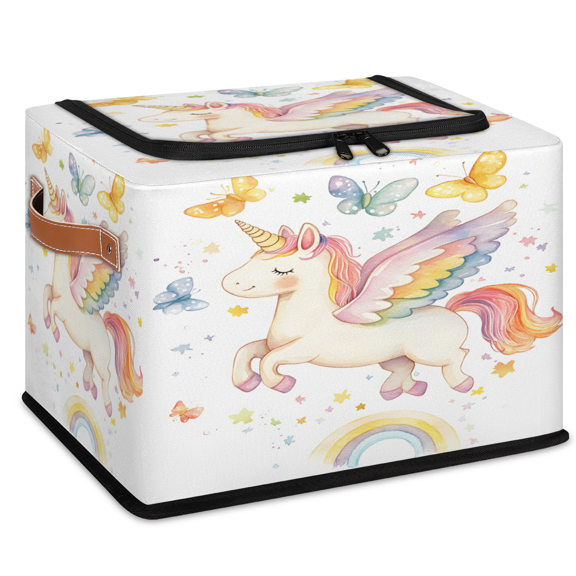CURLYOOT Cute Cartoon Unicorn Pattern Colorful Storage Bin With Zipper Lid, Foldable Clothes Organizer Lidded Storage Baskets, Rectangular Box Closet Shelf Container Organizer for Home Dorm