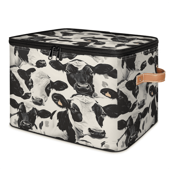 CURLYOOT Cute Cow Fabric Storage Bins with Lids, Animal Cow Print Foldable Storage Boxes Washable Storage Cube, Closet Bedroom Home Organizer Containers with PU Leather Handles