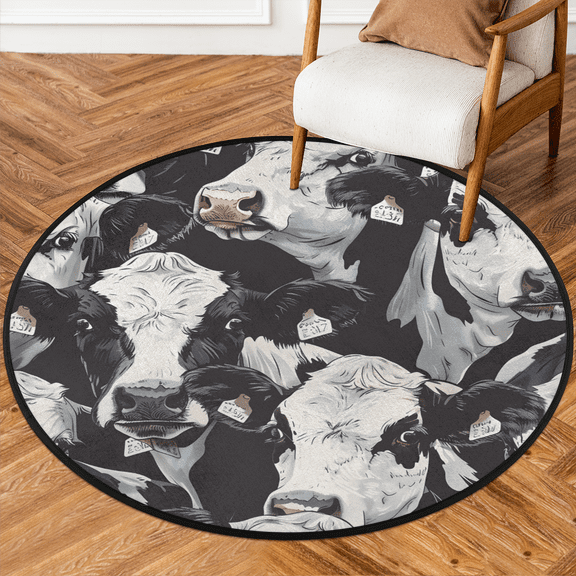 CURLYOOT Cute Cows 5.2ft Round Rug for Living Room, Large Washable Area Rug, Non Slip Floor Mat Farm Cow Indoor Rugs for Bedroom, Dining Room, Offices, Entryway