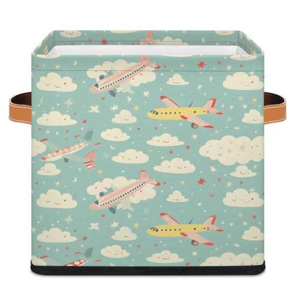 CURLYOOT Cute Cube Storage Bin 11 Inch Fabric Storage Cube for Shelves Decorative Airplane Foldable Basket with Leather Handle for Closet Shelves Organizer