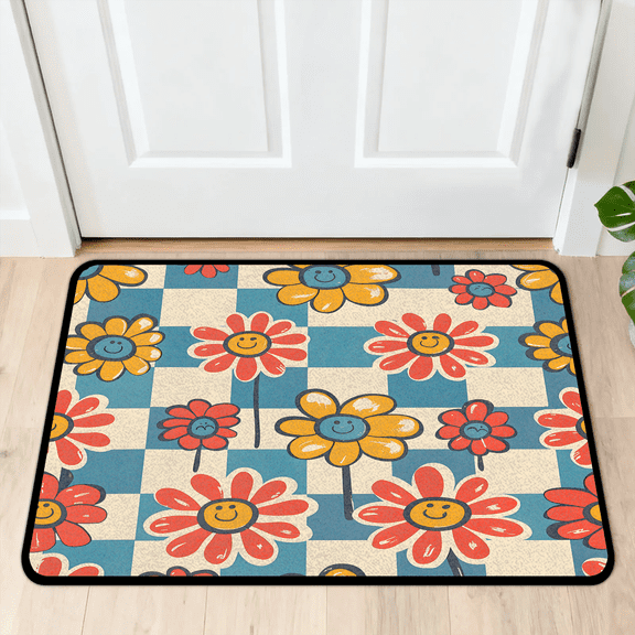 CURLYOOT Cute Daisy Indoor Doormat, Non-Slip Absorbent Door Mat 24" x 16", Checkerboard Entrance Floor Mat Washable Entry Doormats for Entryway Front Back Door