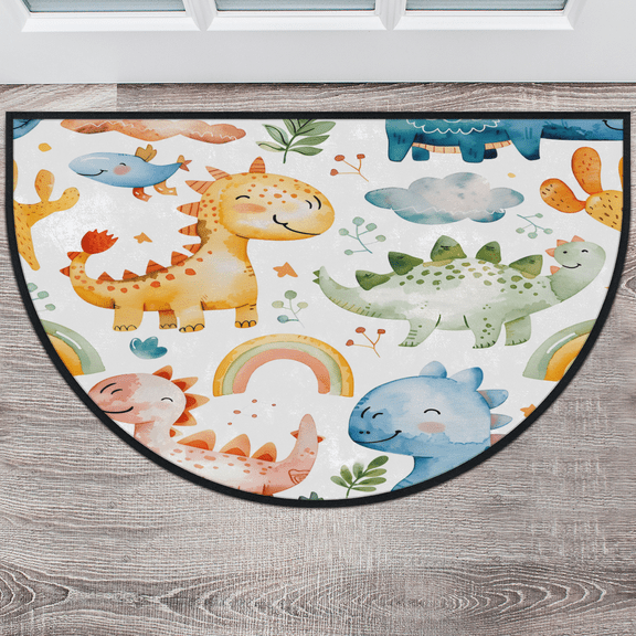 CURLYOOT Cute Dinosaur Rainbow Half Round Door Mat 24'' x 36'', Indoor Outdoor Entrance Rug, Semi Circular Area Rug, Non Slip Washable Absorbent Doormat, Laundry Room Rug