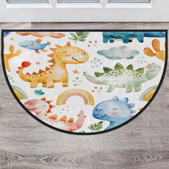 CURLYOOT Cute Dinosaur Rainbow Half Round Door Mat 40'' x 63'', Indoor Outdoor Entrance Rug, Semi Circular Area Rug, Non Slip Washable Absorbent Doormat, Laundry Room Rug