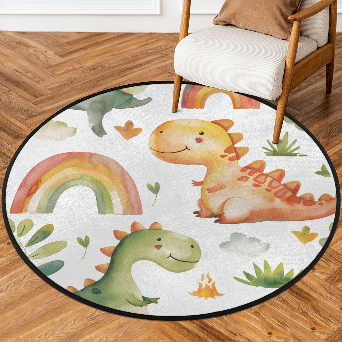 CURLYOOT Cute Dinosaur Rianbow Tree 5.2ft Round Rug for Living Room ...