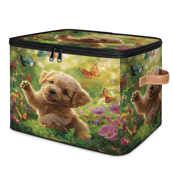 CURLYOOT Cute Dog with Butterfly Storage Bins with Lid, Decorative Fabric Storage Boxes, Foldable Closet Shelf Organizer Baskets for Bedroom, Living Room, Home