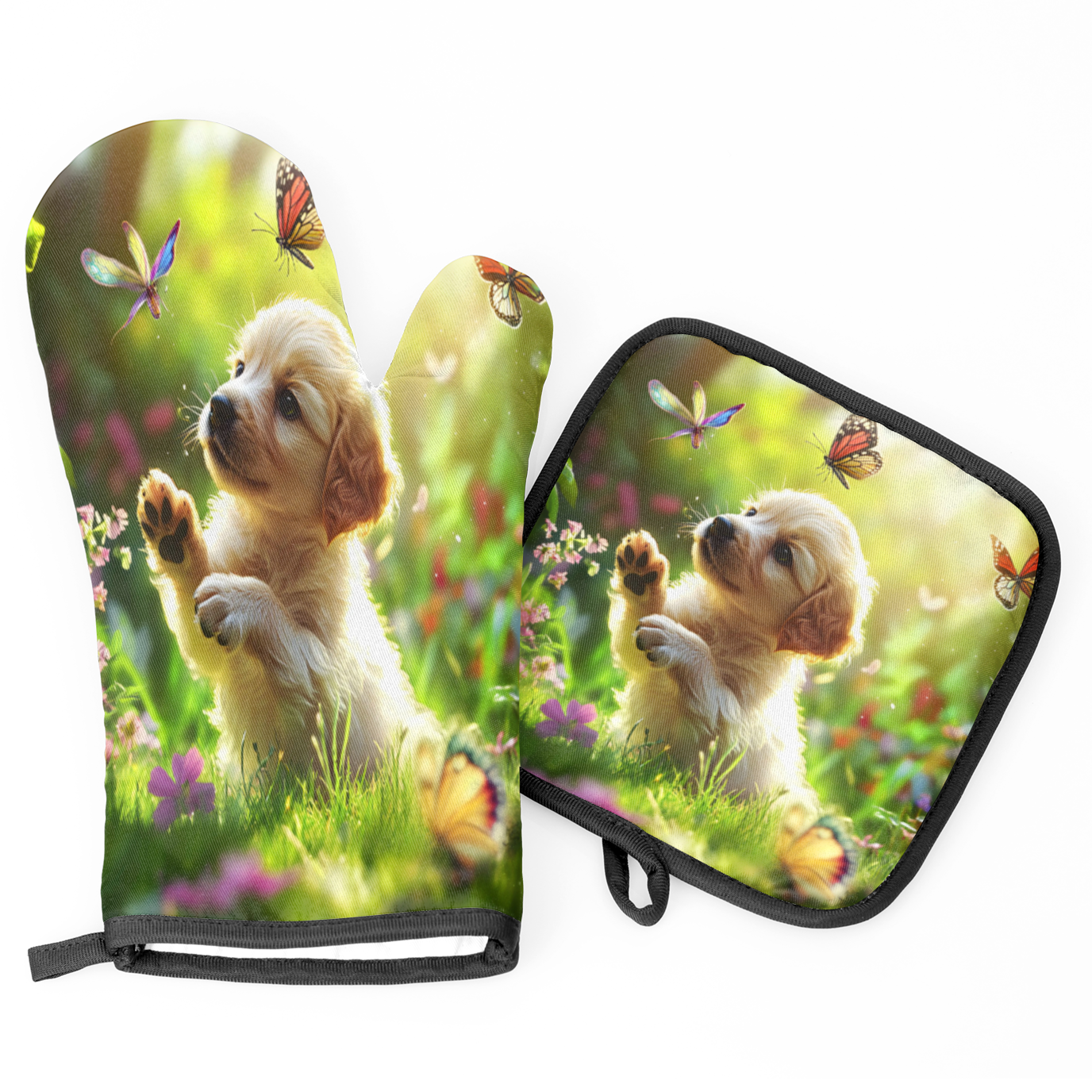 CURLYOOT Cute Dog Jungle Oven Mitts and Pot Holders Sets of 2, Non-Slip Washable Hot Pads and Oven Gloves for Kitchen Cooking Baking