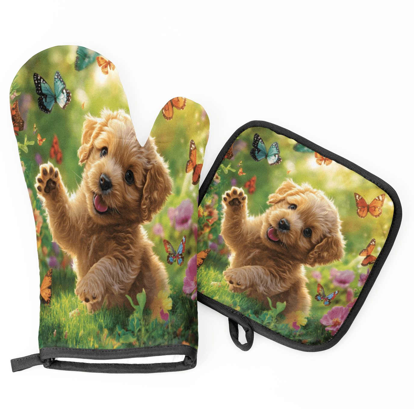 CURLYOOT Cute Dog with Butterfly Oven Mitts and Pot Holders Sets of 2, Non-Slip Washable Hot Pads and Oven Gloves for Kitchen Cooking Baking