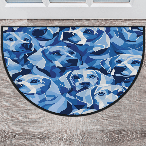 CURLYOOT Cute Dogs Blue Half Round Door Mat 24'' x 36'', Indoor Outdoor Entrance Rug, Semi Circular Area Rug, Non Slip Washable Absorbent Doormat, Laundry Room Rug