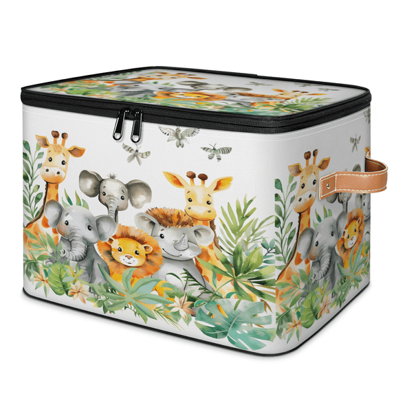 CURLYOOT Cute Elephant Giraffe Lion Fabric Storage Bins with Lids, Foldable Storage Boxes Washable Storage Cube, Closet Bedroom Home Organizer Containers with PU Leather Handles