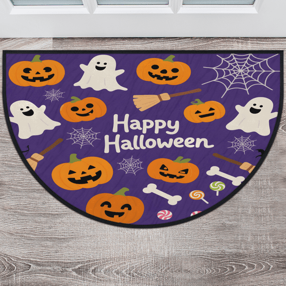 CURLYOOT Cute Ghost Pumpkin Half Round Door Mat, Indoor Outdoor Entrance Rug, Purple Semi Circular Area Rug, Non Slip Washable Absorbent Doormat, Laundry Room Rug 24'' x 36''