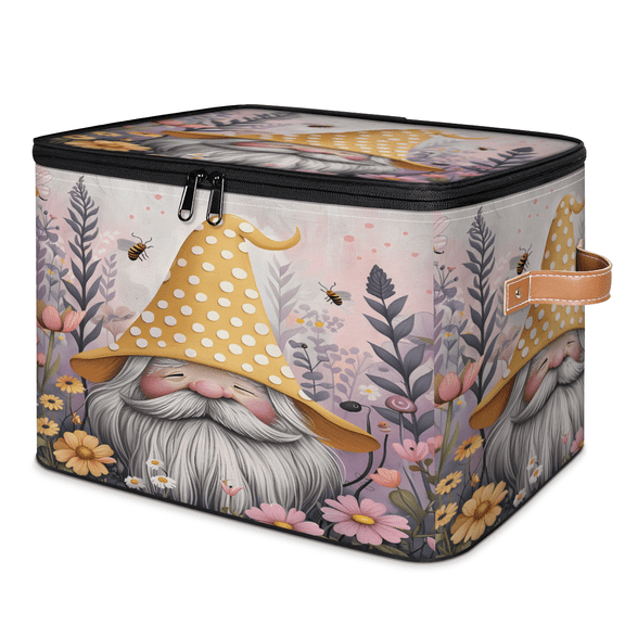 CURLYOOT Cute Gnome Floral Flower Storage Bins with Lid, Decorative Fabric Storage Boxes, Foldable Closet Shelf Organizer Baskets for Bedroom, Home