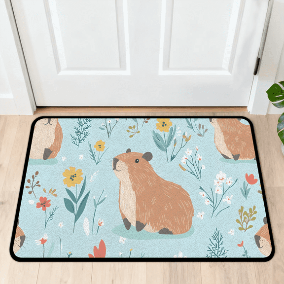 CURLYOOT Cute Guinea Pig Indoor Doormat, Non-Slip Absorbent Door Mat 24" x 16", Wildflowers Entrance Floor Mat Washable Entry Doormats for Entryway Front Back Door
