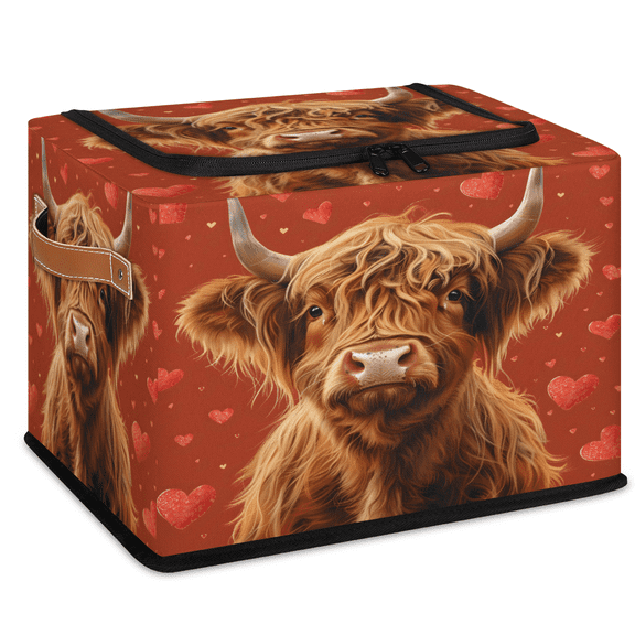 CURLYOOT Cute Highland Cow Storage Bin With Zipper Lid, Foldable Clothes Organizer Lidded Storage Baskets, Rectangular Box Closet Shelf Organizer