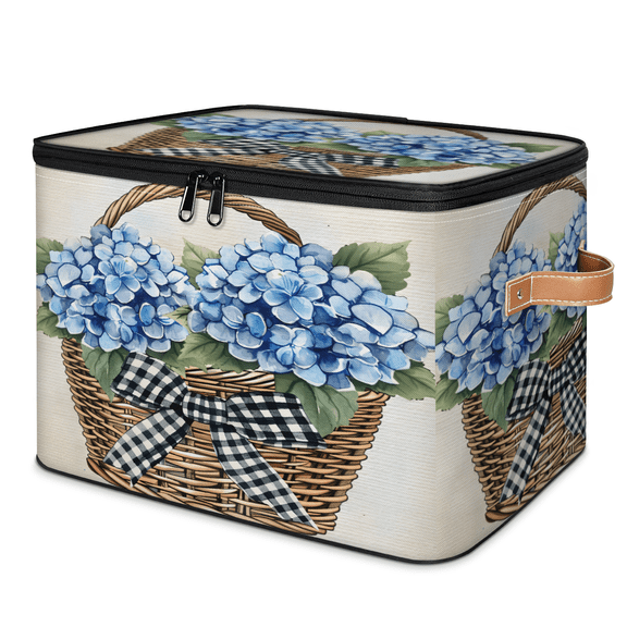 CURLYOOT Cute Hydrangea Blooming Floral Storage Bins with Lid, Decorative Fabric Storage Boxes, Foldable Closet Shelf Organizer Baskets for Bedroom, Living Room, Home