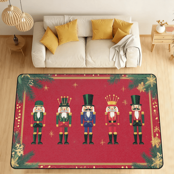 CURLYOOT Cute Nutcrackers Area Rugs for Living Room Bedroom, 4' 10" x 6' 8" Washable Rug, Red Christmas Floor Carpet with Non Slip Backing for Dining Room Indoor