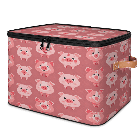 CURLYOOT Cute Pig Fabric Storage Bins with Lids, Foldable Storage Boxes Washable Storage Cube, Closet Bedroom Home Organizer Containers with PU Leather Handles