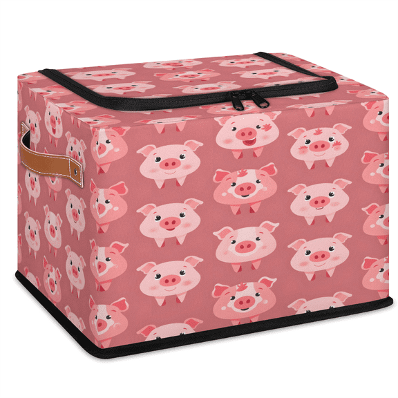 CURLYOOT Cute Pig Storage Bin With Zipper Lid, Foldable Clothes Organizer Lidded Storage Baskets, Rectangular Box Closet Shelf Organizer