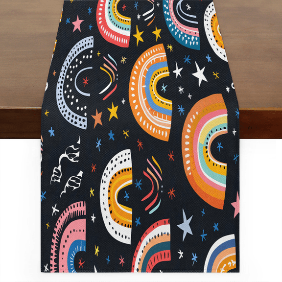 CURLYOOT Cute Retro Rainbow Linen Table Runner 60 Inches Long Kitchen Dining Table Farmhouse Decoration for Home Party Decor 13x60 Inch