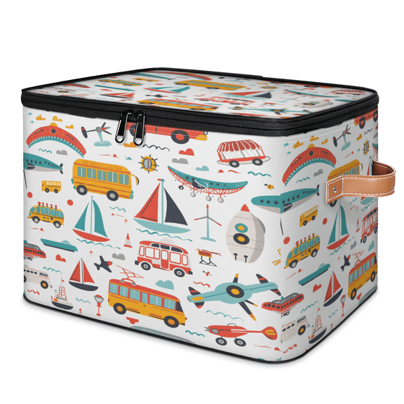 CURLYOOT Cute Transport Car Fabric Storage Bins with Lids, Foldable Storage Boxes Washable Storage Cube, Closet Bedroom Home Organizer Containers with PU Leather Handles