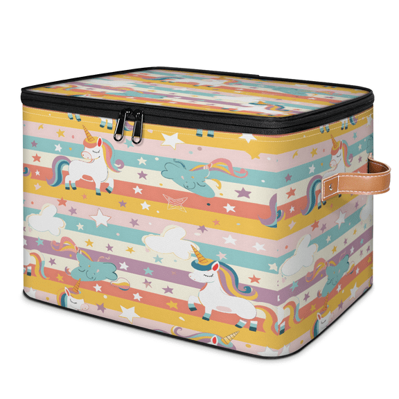 CURLYOOT Cute Unicorn Storage Bins with Zipper Lid Fabric Storage Baskets Boxes Rainbow Stripes Washable Foldable Clothes Organizer Container with Leather Handles for Shelves Closet