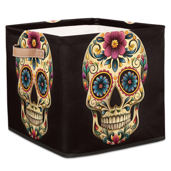CURLYOOT Day Of The Dead Cube Storage Bin, 13 x 13 x 13 Storage Cube Bins for Organizing, Skull Halloween Fabric Foldable Closet Baskets with Handles for Closet, Shelves, Clothes