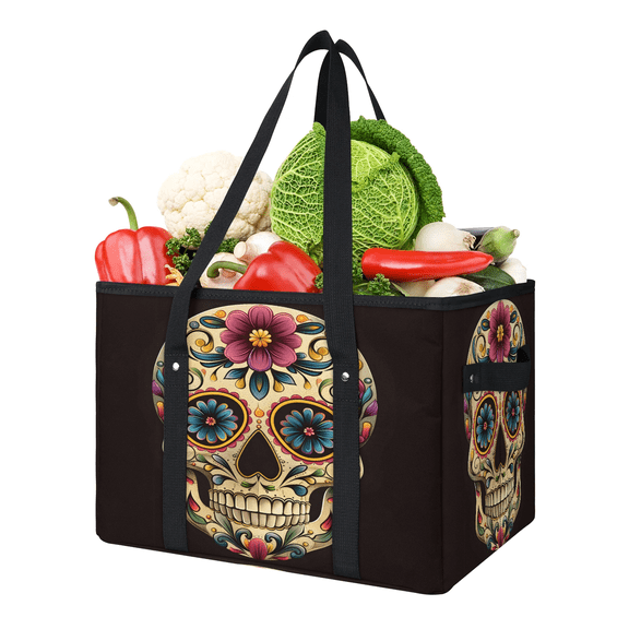 CURLYOOT Day Of The Dead Reusable Grocery Bag, Large Foldable Grocery Totes Shopping Bag for Groceries, Skull Halloween Shopping Bags with Handles for Kitchen Trunk Picnic