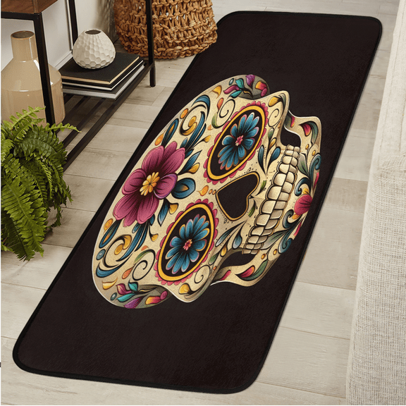 CURLYOOT Day Of The Dead Runner Rug 2'x6' Washable Kitchen Runner Rug Indoor Non Slip Laundry Rugs Skull Halloween Floor Carpet for Hallway Kitchen Entryway Bedroom Living Room