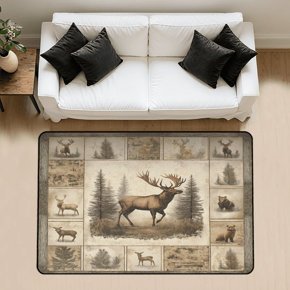 CURLYOOT Deer Moose Forest Rustic Area Rug 3x5 Ft Rugs for Entryway Entrance Kitchen, Washable Non Slip Indoor Floor Carpet for Bedroom Living Room