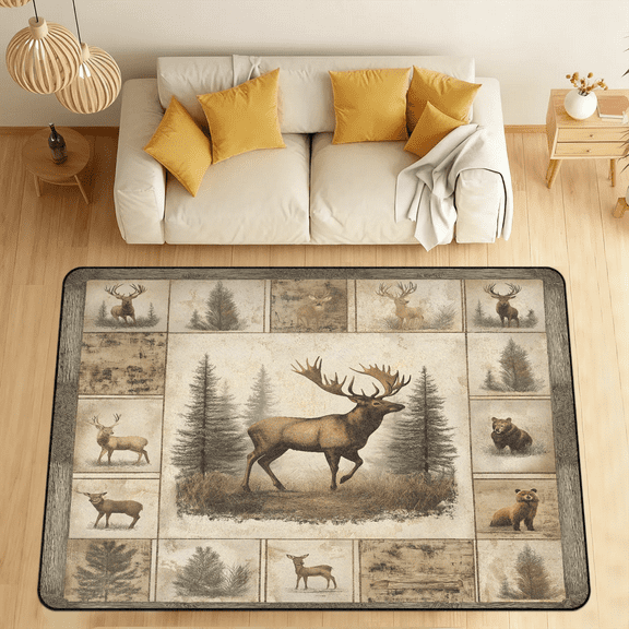 CURLYOOT Deer Moose Forest Rustic Area Rugs 5'x7' Washable Rug Large Living Room Rug Non Slip Indoor Floor Carpet for Dining Room Bedroom Home