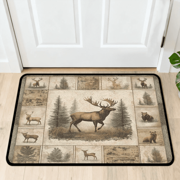 CURLYOOT Deer Moose Forest Rustic Front Door Mat, Washable Non-Slip Door Mat, Indoor Outdoor Floor Mats Absorbent Welcome Doormat for Entrance 20" x 30"
