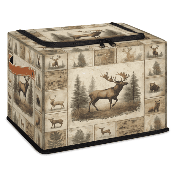 CURLYOOT Deer Moose Forest Rustic Storage Bin with Zipper Lid, Foldable Clothes Organizer Lidded Storage Baskets, Rectangular Box Closet Shelf Organizer