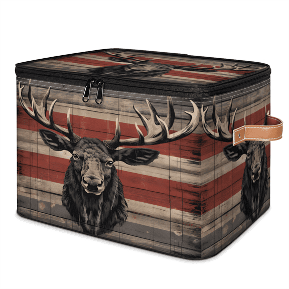 CURLYOOT Deer Wood Grain Storage Bin with Zipper Lid, Fabric Decorative Lidded Storage Baskets Boxes, Foldable Organizer Container Basket for Bedroom Closet Shelf