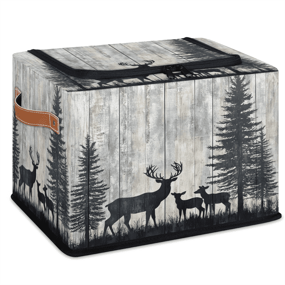 CURLYOOT Deers Moose Forest Retro Storage Bin with Zipper Lid, Foldable Clothes Organizer Lidded Storage Baskets, Rectangular Box Closet Shelf Organizer for Living Room Bedroom Home