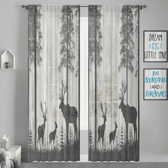 CURLYOOT Deers Moose Forest Vintage Sheer Curtains 84 Inches Long, 2 Panels Set, Rod Pocket Semi Sheer Light Filtering Window Drapes for Bedroom, Living Room, 52 x 84 Inch