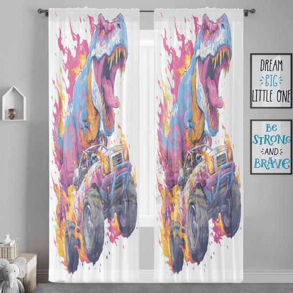 CURLYOOT Dinosaur Sheer Curtains 84 Inches Long, 2 Panels Set, Monster Truck Rod Pocket Semi Sheer Light Filtering Window Drapes for Bedroom, Living Room, 52 x 84 Inch