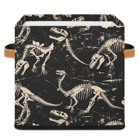 CURLYOOT Dinosaur Skeleton 11 x 11 Inch Cube Storage Bin, Fabric Storage Cube Foldable Basket with Leather Handles, Organizer Basket for Closet Shelves