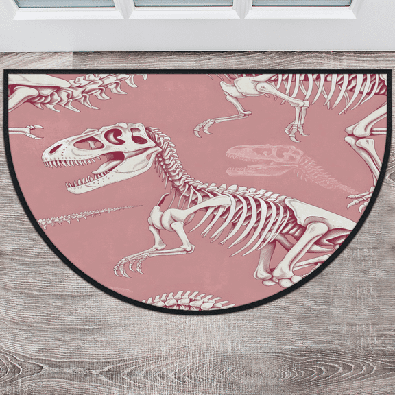 CURLYOOT Dinosaur Skull Bone Half Round Door Mat 24'' x 36'', Indoor Outdoor Entrance Rug, Semi Circular Area Rug, Non Slip Washable Absorbent Doormat, Laundry Room Rug