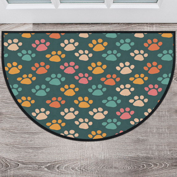 CURLYOOT Dog Half Round Door Mat, Indoor Outdoor Entrance Rug, Colorful Little Paws Semi Circular Area Rug, Non Slip Washable Absorbent Doormat, Laundry Room Rug 24'' x 36''