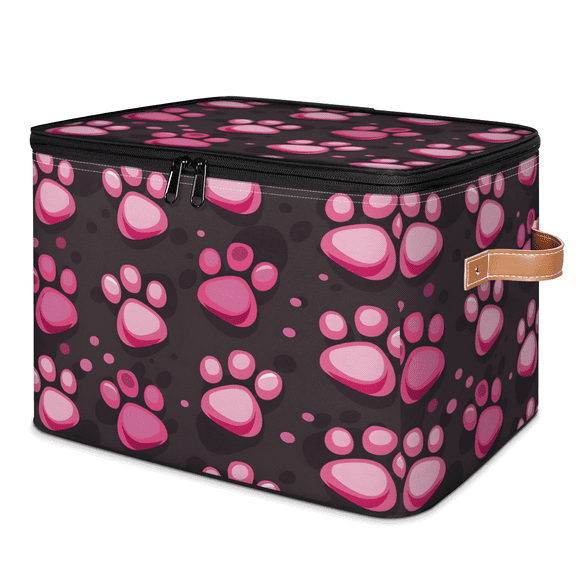 CURLYOOT Dog Paw Fabric Storage Bins with Lids, Pinks Paw Print Foldable Storage Boxes Washable Storage Cube, Closet Bedroom Home Organizer Containers with PU Leather Handles