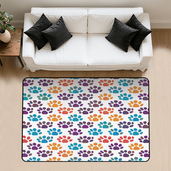 CURLYOOT Dog Paw Print Area Rug 3x5 Ft Rugs for Entryway Entrance Kitchen, Washable Non Slip Colorful Paw Indoor Floor Carpet for Bedroom Living Room