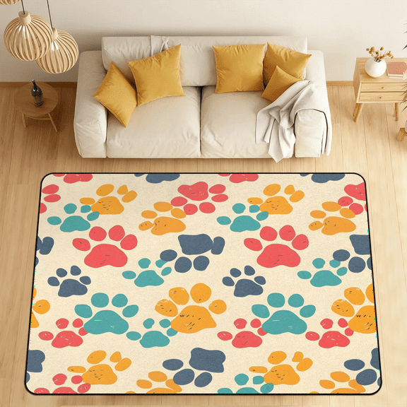 CURLYOOT Dog Paw Print Pet Area Rugs for Living Room Bedroom, 4' 10" x 6' 8" Washable Rug, Lovely Puppy Cat Footprint Floor Carpet with Non Slip Backing for Dining Room Indoor