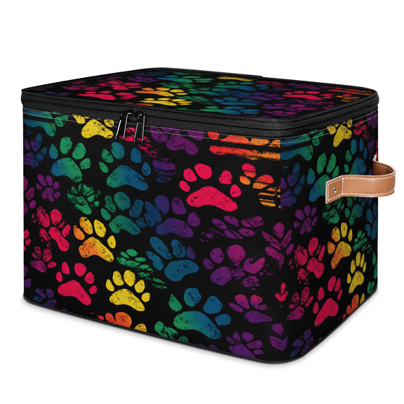 CURLYOOT Dog Paw Print Storage Bins with Lid, Decorative Fabric Closet Boxes with Lids, Rainbow Gradient Puppy Paw Foldable Storage Baskets Shelves Container Organizers for Bedroom, Home