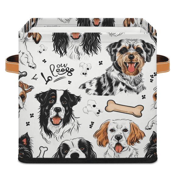 CURLYOOT Dog Print 11 x 11 Inch Cube Storage Bin, Fabric Storage Cube Foldable Basket with Leather Handles, Organizer Basket for Closet Shelves