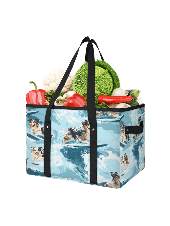 Dog Surfing Reusable Grocery Bag, Foldable Shopping Tote Bag with Reinforced Handles, Dogs Animal Large Kitchen Grocery Bags for Shopping Groceries Picnic